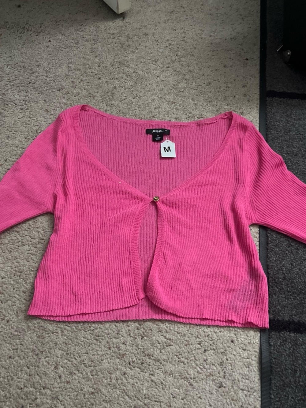 Nasty Gal Pink Ribbed Long Sleeve Cropped Cardigan